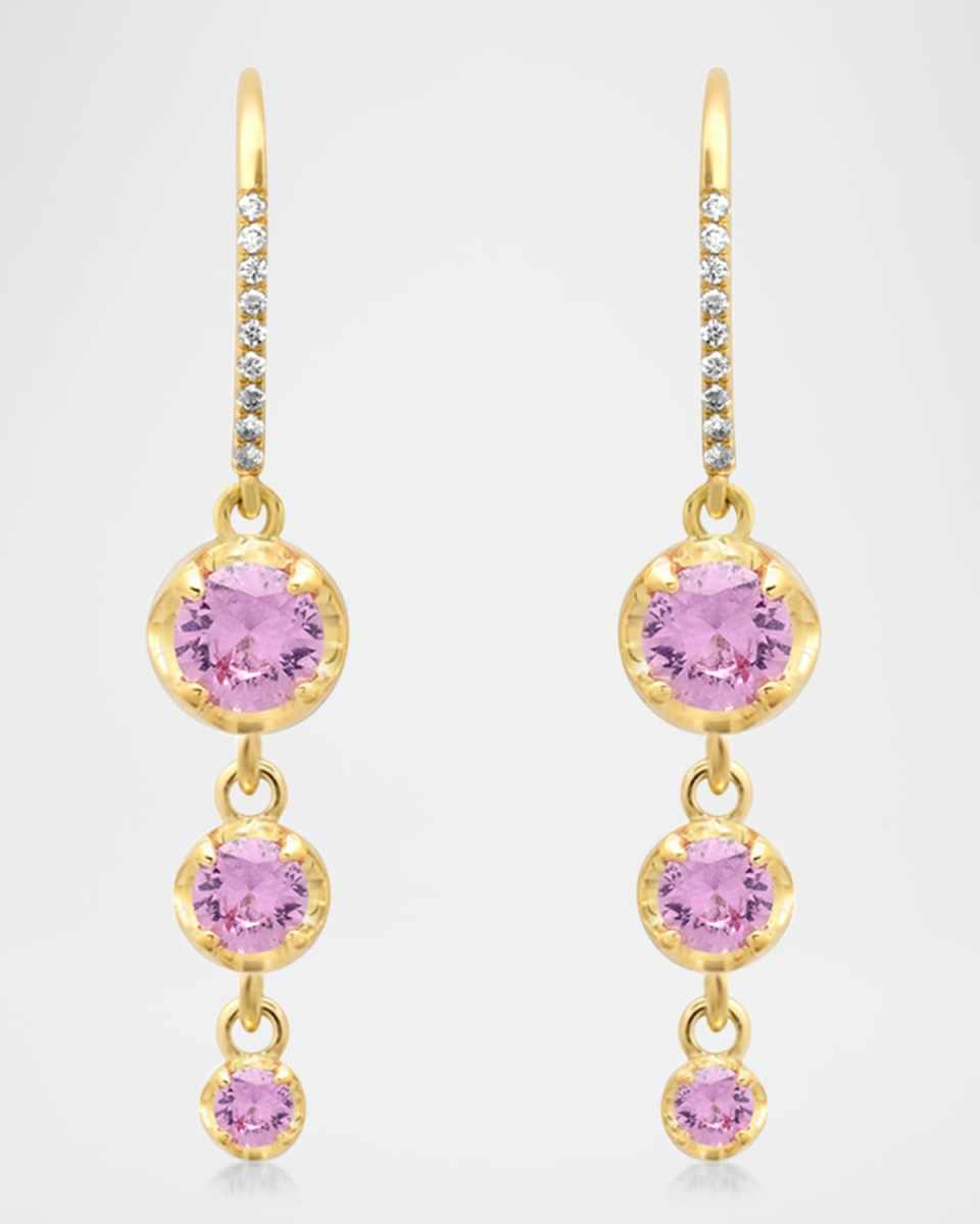 18K Yellow Gold 3 Graduated Illusion Set Earrings with Pink Sapphires